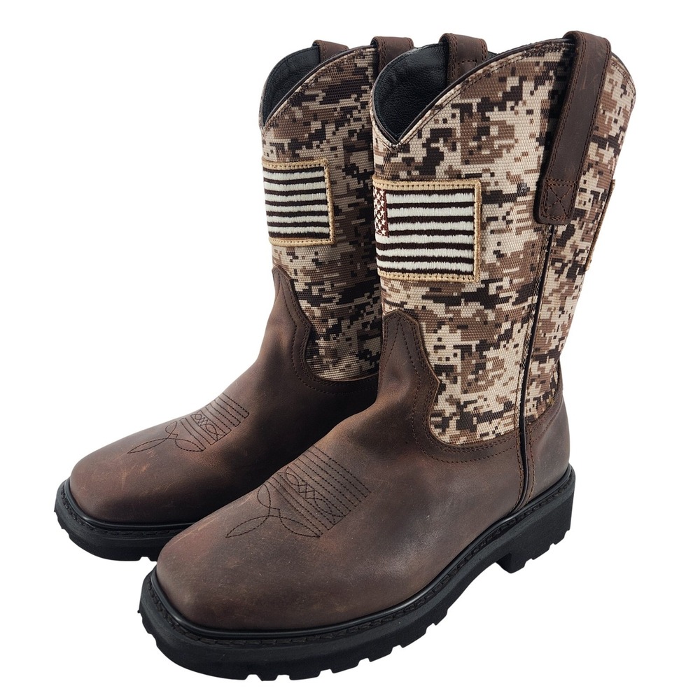 J.B. Dillon Cowboy Boots 8.5 EE Wide Brown Leather Camo Flag Square Toe NWT